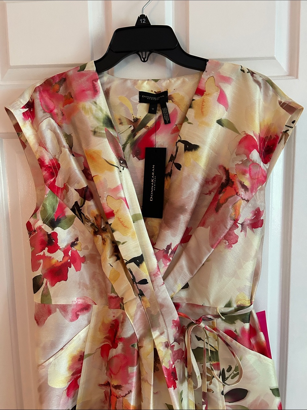 Donna Karan Floral Print Surplice Neck Dupioni Midi Dress